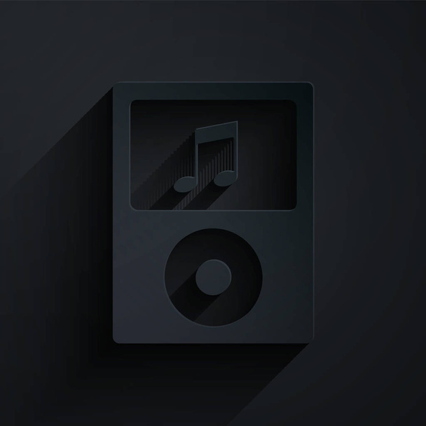 Paper cut Music player icon isolated on black background. Portable music device. Paper art style. Vector Illustration - ベクター画像
