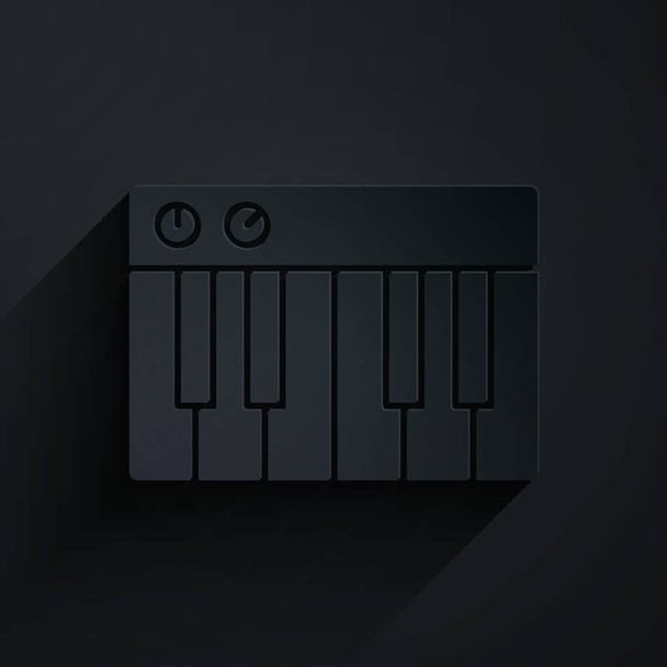 Kağıt kesiği Müzik Sentezleyici simgesi siyah arkaplanda izole edildi. Elektronik piyano. Kağıt sanatı tarzı. Vektör İllüstrasyonu - Vektör, Görsel