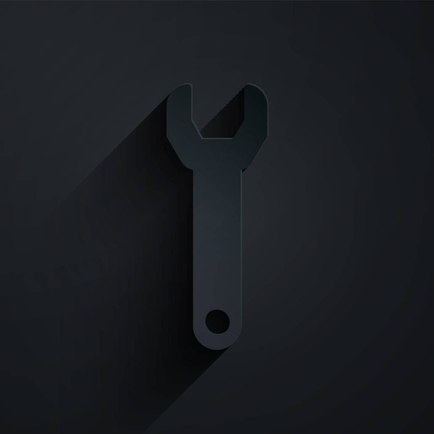 Paper cut Wrench spanner icon isolated on black background. Paper art style. Vector Illustration - Vector, Image