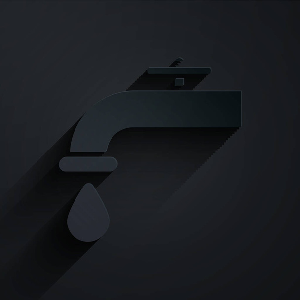 Řez papíru Vodní kohoutek s ikonou kapající vody izolovaný na černém pozadí. Papírový styl. Vektorová ilustrace - Vektor, obrázek