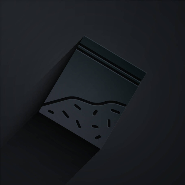 Corte de papel Bolsa de plástico de icono de la droga aislado sobre fondo negro. Peligro de salud. Estilo de arte de papel. Ilustración vectorial
 - Vector, imagen