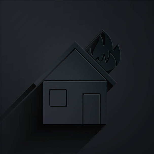 Χαρτί κοπεί Φωτιά σε φλεγόμενο σπίτι εικονίδιο απομονώνονται σε μαύρο φόντο. Στυλ χάρτινης τέχνης. Εικονογράφηση διανύσματος - Διάνυσμα, εικόνα