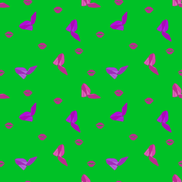 seamless shoe pattern. Glamour design element. High heeled crimson and violet shoes and lip print on green background for wrapping paper and sales packages. Fashion trendy illustration. - Fotoğraf, Görsel