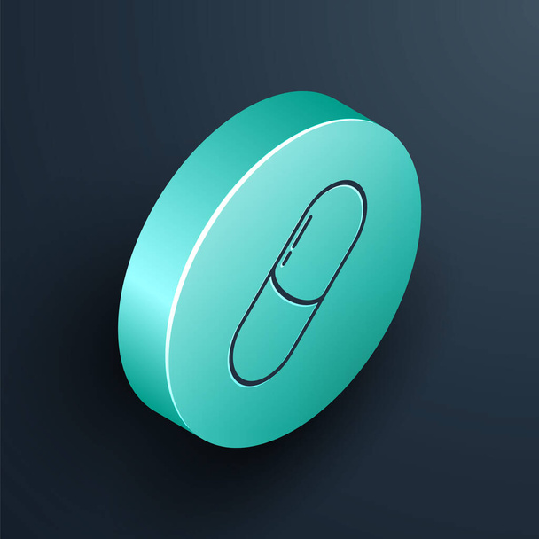 Isometric line Medicine pill or tablet icon isolated on black background. Capsule pill and drug sign. Pharmacy design. Turquoise circle button. Vector Illustration - Vector, Image