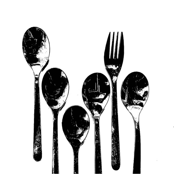 Hoge contrast illustratie van een vork en een lepel op een witte achtergrond - Foto, afbeelding
