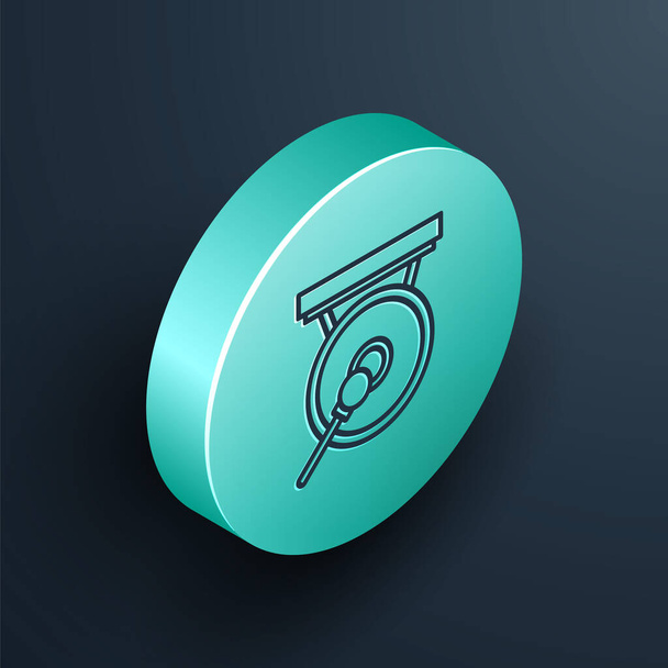Isometric line Gong musical percussion instrument circular metal disc and hammer icon isolated on black background. Turquoise circle button. Vector Illustration - Vector, Image