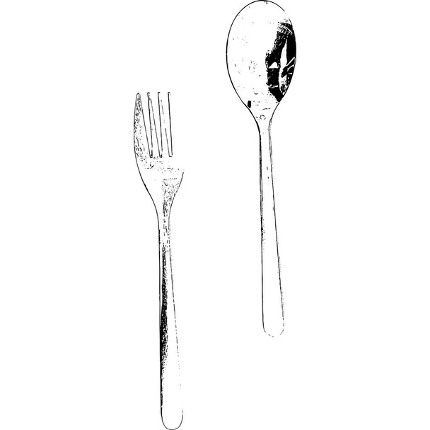 Wysoki kontrast ilustracja widelec i łyżka na biały tło - Zdjęcie, obraz