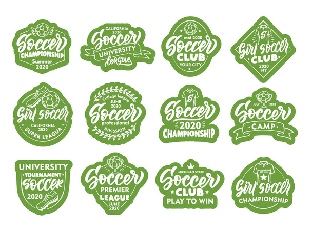 Set of Soccer stickers, patches. Green badges, emblems, stamps on white background. - Vektor, obrázek