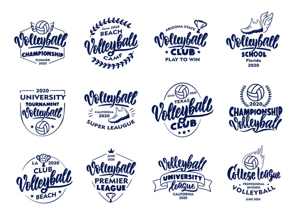 Set of vintage Volleyball emblems and stamps. Blue badges, templates and stickers for club, school on white background. - Vektor, obrázek