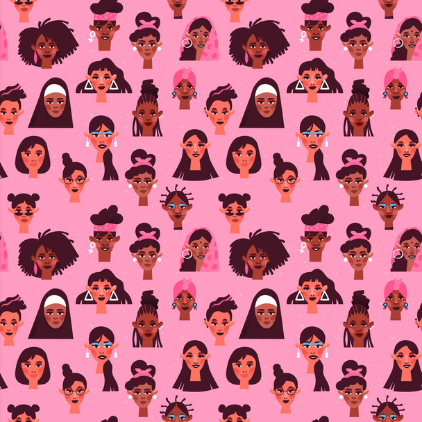 Diverse women face seamless pattern with different culture girl portrait in hand drawn style. Women's rights event background concept includes black, caucasian and muslim people. - Vector, Imagen