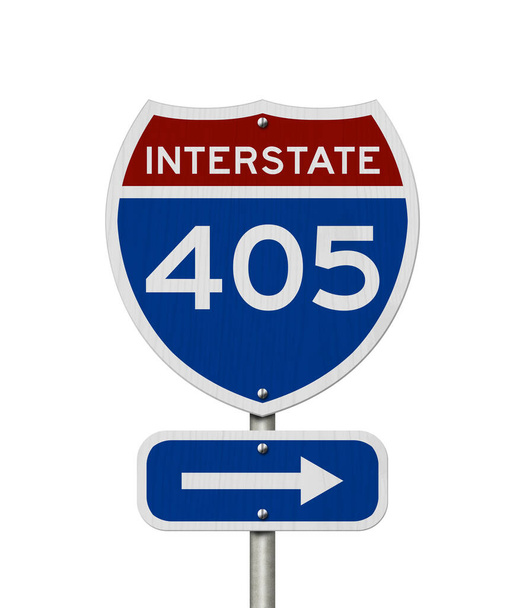 I-405-ös autópálya piros és kék országút tábla elszigetelt fehér felett - Fotó, kép