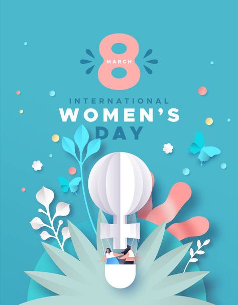 International Women's Day greeting card illustration of spring flower decoration in papercut craft style. Beautiful paper cut floral decoration and girl team in hot air balloon for 8 march event. - Vector, Imagen
