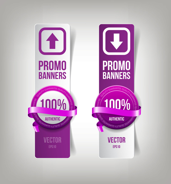 Purple paper banners with round plastic badges with silky decorative ribbons, - Vektori, kuva