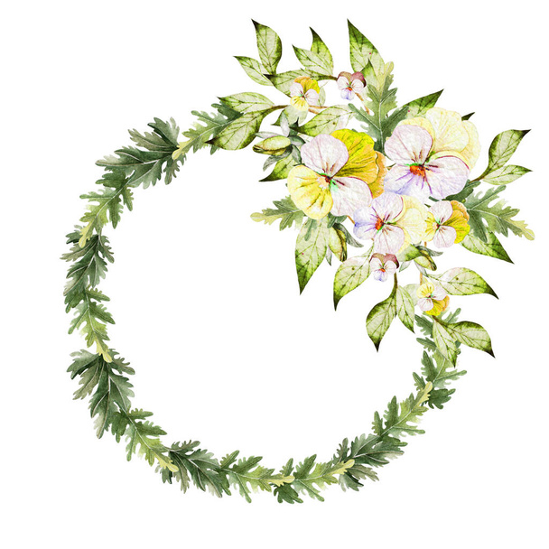 Watercolor colorful  wreath with pansy flowers.  - Photo, Image