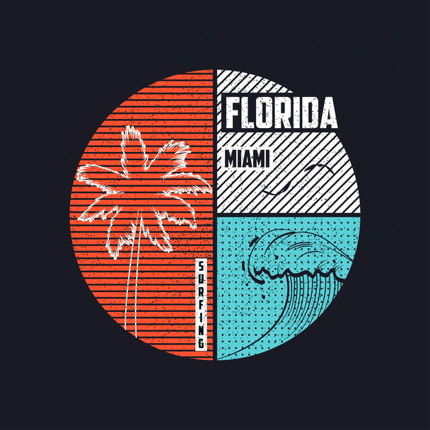 Μαϊάμι, Φλόριντα t-shirt μοντέρνο σχεδιασμό με κυματοειδές και φοινικόδεντρα σιλουέτες. Τυπογραφία ένδυσης σερφ, εκτύπωση. Απεικόνιση διανυσματικών φορέων. - Διάνυσμα, εικόνα