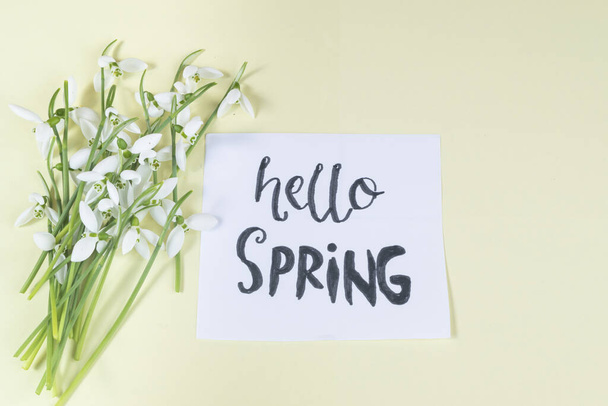 Hello spring calligraphy note decorated with snowdrops on light yellow background. - Fotó, kép