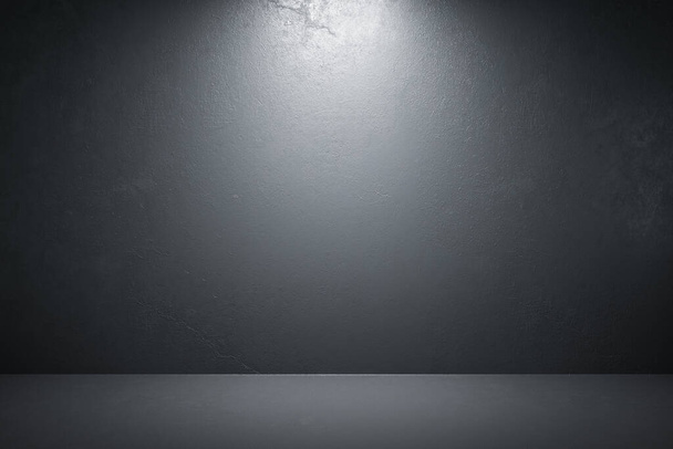 Přední pohled na vnitřní pokoj s prázdnou černou betonovou stěnou a tmavou podlahou. Prezentační koncept. Posměch, 3D vykreslování - Fotografie, Obrázek
