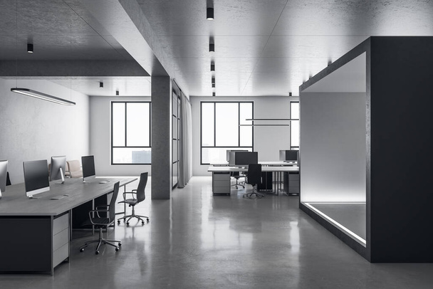 Mesa de reunión contemporánea en cubo abstracto en interior de oficina de coworking. Lugar de trabajo y concepto corporativo. Renderizado 3D
 - Foto, Imagen