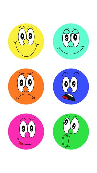 Ένα σετ από έξι στρογγυλά εικονίδια για trending με διαφορετικά πρόσωπα με μια έκφραση του συναισθήματος χαμόγελο γέλιο έκπληξη φόβο χαρά θυμό σε ένα λευκό φόντο. Εικονογράφηση διανύσματος - Διάνυσμα, εικόνα