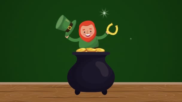 st patricks day animated card with elf and treasure cauldron - Materiał filmowy, wideo