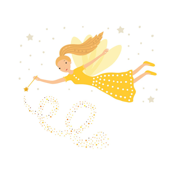 Cute yellow fairy in flight with a magic wand - Вектор,изображение
