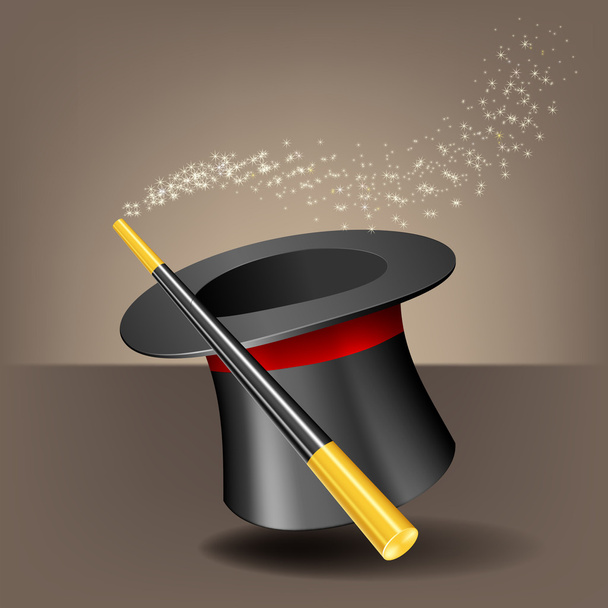 Magic hat and wand with sparkles. - Vector, Image