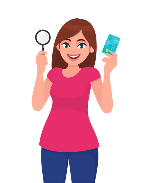 Young woman holding magnifying glass. Girl showing credit, debit, ATM card in hand. Female character design illustration. Modern lifestyle, finance, payment concept in vector cartoon. - Vector, Image
