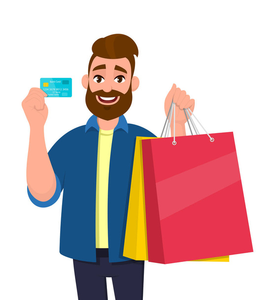 Boldog fiatalember, bevásárlótáskákkal a kezében. Férfi karakter mutatja a hitel, terhelés, ATM, bankkártya a kezében. Modern életmód, digitális technológia, koncepció illusztráció vektoros rajzfilm stílusban. - Vektor, kép