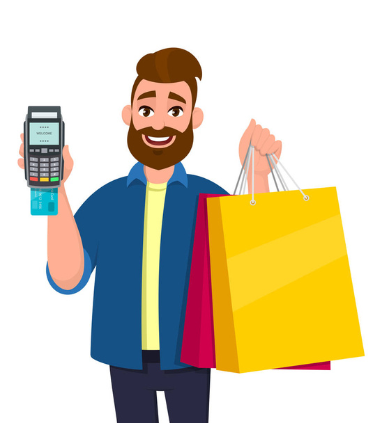 Cheerful young man holding shopping bags. Person showing POS terminal or credit, debit card swiping payment machine in hand. Modern lifestyle, digital technology, concept in vector cartoon style. - Vector, Image