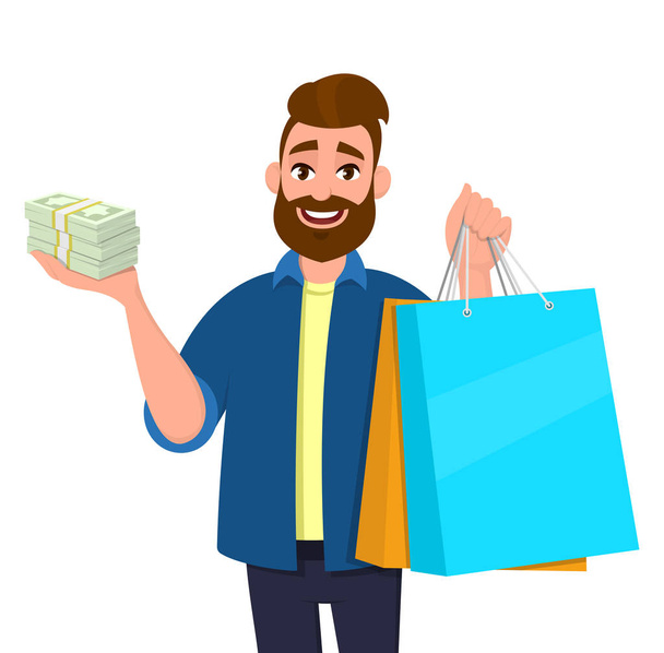 Smiling young man holding shopping bags. Person showing bunch of cash, money, currency notes in hand. Modern lifestyle, digital technology, new purchase, latest trend concept in vector cartoon style. - Vector, Image