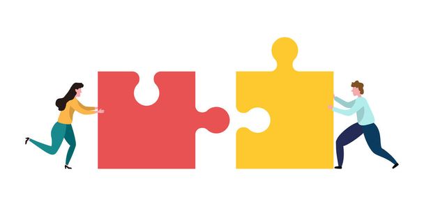 Teamwork men and women who assemble the puzzle. Concept of bussines team work. Cooperation and partnership metaphor with jigsaw puzzle piece. Vector illustration in flat design. - Vector, Image