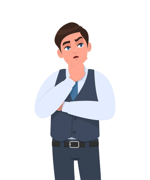 Thoughtful young businessman in waistcoat thinking with crossed arm. Person looking up. Male character design illustration. Human emotions, facial expressions concept in vector cartoon style. - Vector, Image