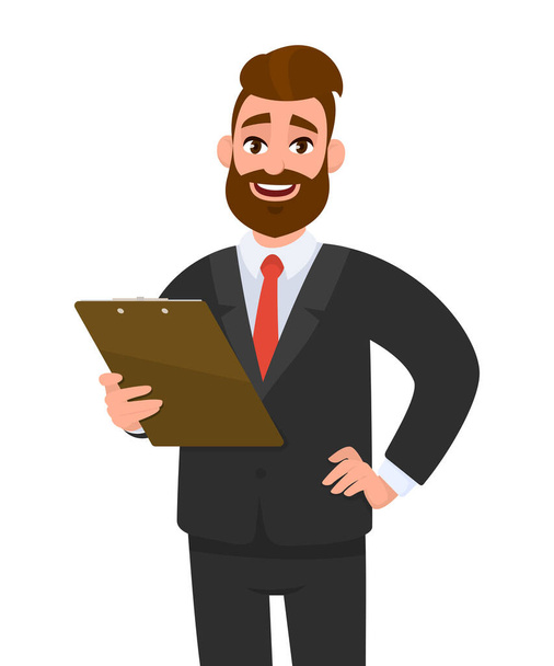 Young business man wearing a suit holding clipboard and posing hand on hip. Person keeping the file pad in hand. Male character design illustration. Modern lifestyle concept in vector cartoon style. - Vector, Image