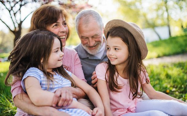 Senior grandparents with small granddaugther sitting outside in spring nature. - Foto, afbeelding