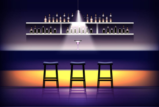 Interior de pub, bar ou café. Balcão de bar vazio com lâmpada acima, coquetel, banquetas, prateleiras com garrafas de álcool
. - Vetor, Imagem