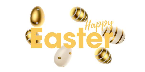 Easter golden eggs in shape frame falling on white. For greeting card, promotion, poster, flyer, web-banner, article - Zdjęcie, obraz