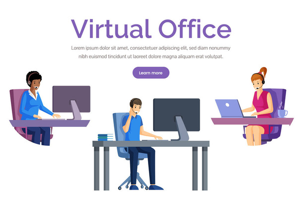 Virtual office web banner vector template. Support, distant work, freelance web page design. - Vektör, Görsel