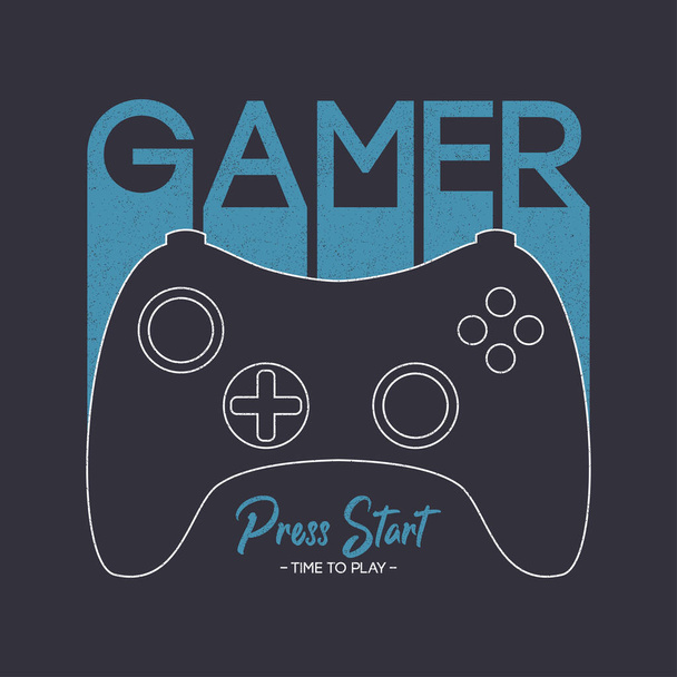 Gamer t-shirt design with gamepad and slogan. Typography graphics for apparel on video game theme. Tee shirt print with joystick or game controller. Vector illustration. - Vector, Image