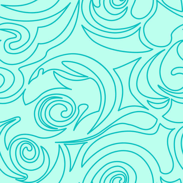 Textura turquesa sin costuras de espirales y rizos en un estilo lineal. Patrón marino en colores pastel. Rizos espirales y torbellino. Blank para el diseño de ropa o embalaje
. - Vector, imagen