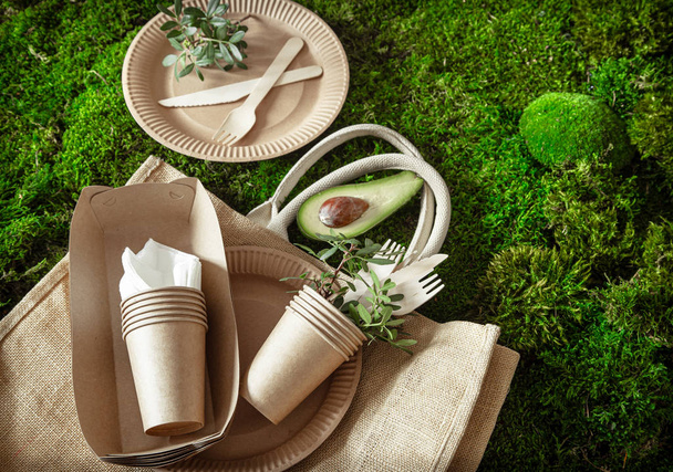 環境に優しく、使い捨てで、リサイクル可能な食器。緑の芝生の背景に紙の食品箱、プレートとコーンスターチのカトラリー . - 写真・画像
