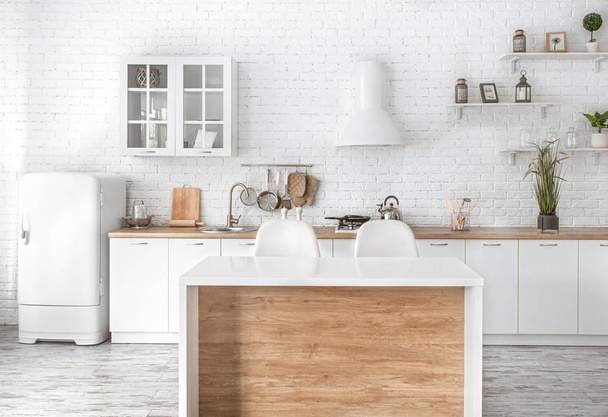 Сучасний стильний скандинавський кухонний інтер'єр з кухонними аксесуарами. Яскрава біла кухня з домашніми речами. . - Фото, зображення