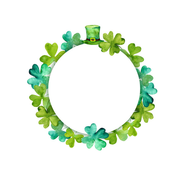 Saint Patrick wreath - trefoil leaves, green hat. Watercolor round frame - Photo, image