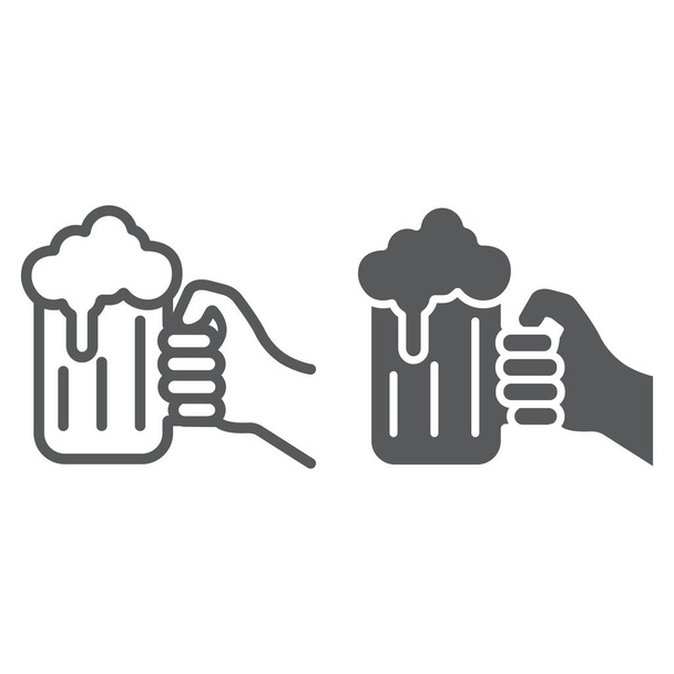 Hand holding a glass of beer line and glyph icon, st patrick s day and alcohol, hand hold glass beer sign, vector graphics, a linear pattern on a white background, eps 10. - Vector, Image