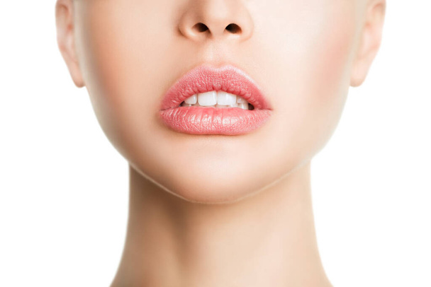 Sexual full lips. Natural gloss of lips and womans skin. The mouth is open. Increase in lips, cosmetology. - Photo, Image