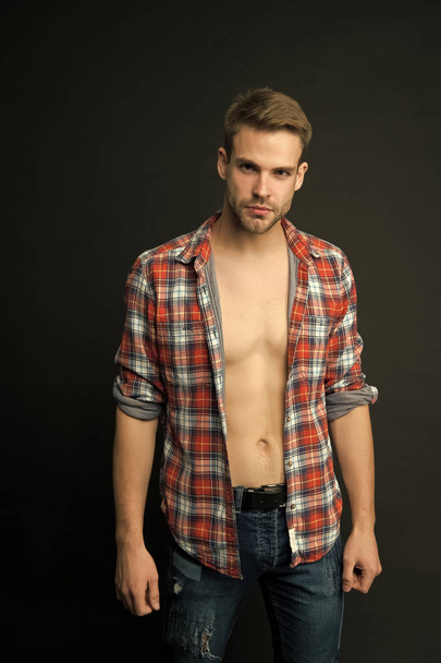 Handsome and sexy. Handsome man with bare torso dark background. Wellness and bodycare. Caucasian guy with handsome face. Male grooming. Handsome and well groomed - Φωτογραφία, εικόνα