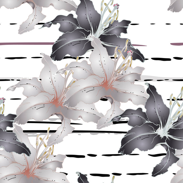 Floral Black and White Seamless Pattern. Stripe - Διάνυσμα, εικόνα