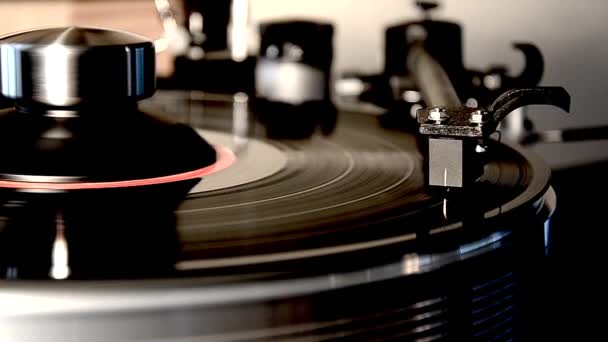 Spektakuläre Detailaufnahme in Nahaufnahme auf einem schwarzen alten Plattenspieler-Grammophon auf dem Plattenteller - Filmmaterial, Video