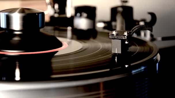 Vintage retro vinil álbum preto velho gravador disco gramofone na plataforma giratória em incrível detalhada close-up loop view
 - Filmagem, Vídeo
