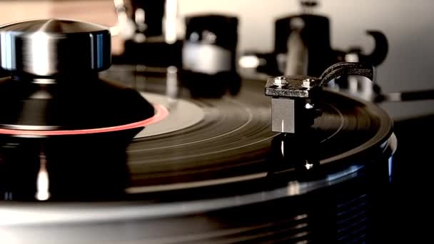 Retro viejo vinilo vintage álbum negro tocadiscos polla gramófono en el tocadiscos en impresionante detallado primer plano bucle de tiro
 - Metraje, vídeo