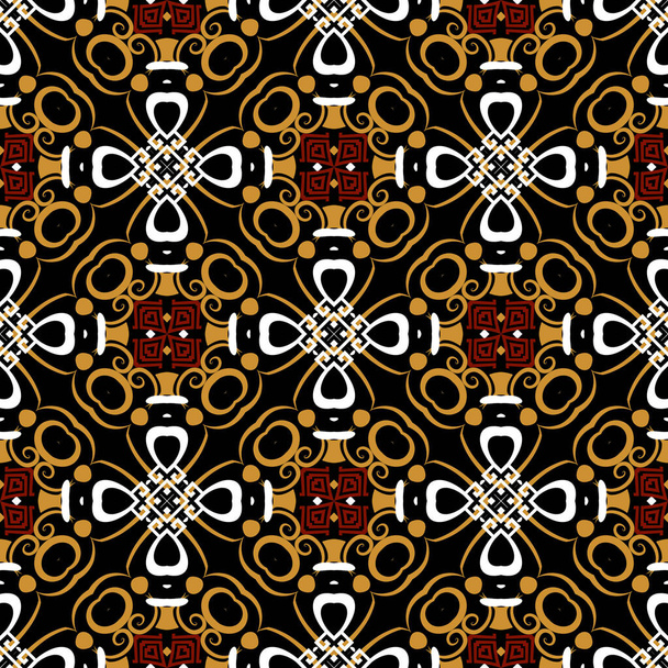 Greek floral vector seamless pattern. Ornamental geometric ethnic tribal style background. Abstract repeat colorful backdrop. Geometric greek key meanders ornaments with vintage flowers, shapes. - Vektor, Bild